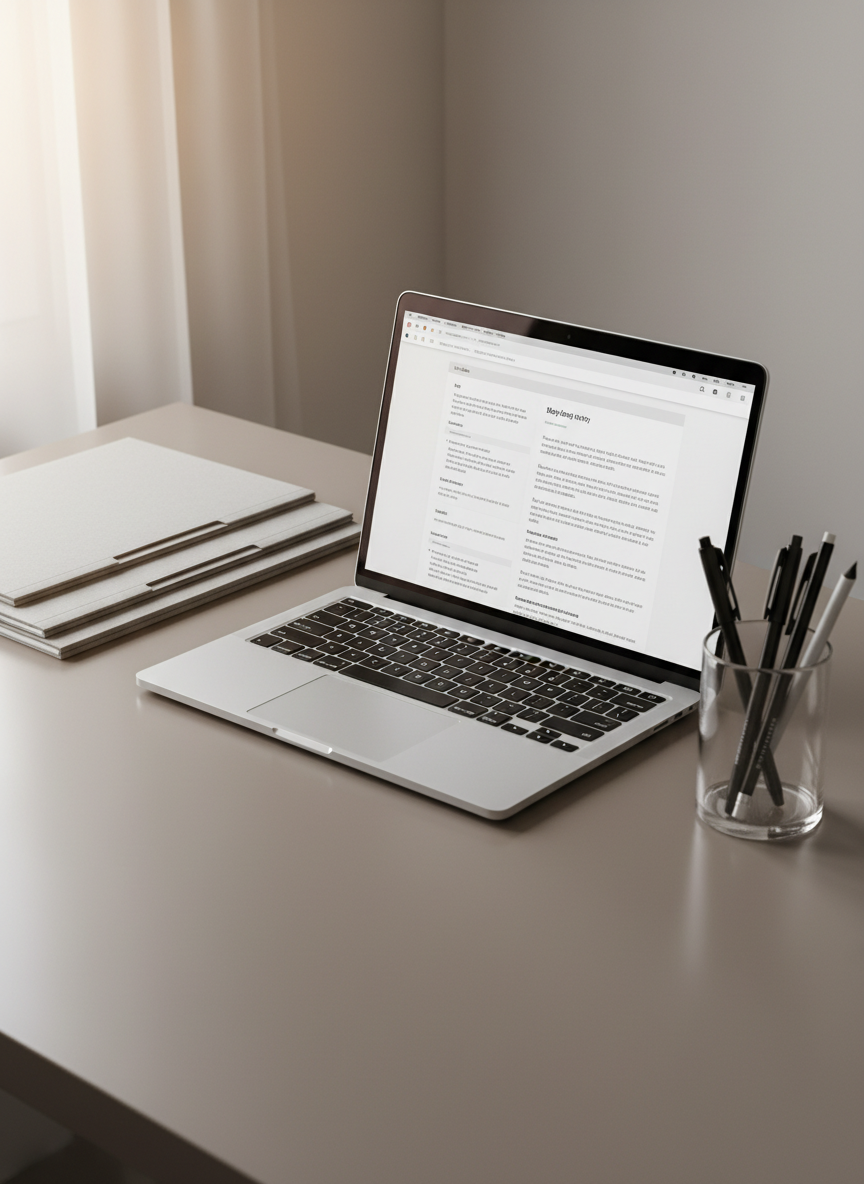 A tidy workspace featuring a slim ultrabook laptop with a brushed aluminum casing, its screen displaying a structured blog entry template. The laptop sits center stage on a smooth, taupe desktop flanked by a neatly stacked set of pale gray folders and a translucent acrylic cup containing precision-cut writing tools. Gentle ambient lighting illuminates the scene, with subtle highlights on metallic and plastic surfaces, and faint reflections dancing off the desktop. The camera frames the scene from an eye-level perspective, allowing for crisp detail across the entire workspace while maintaining balanced composition. The mood is calm, focused, and refined, employing photographic realism and a clean, professional tone to align with the assignment-writing theme.