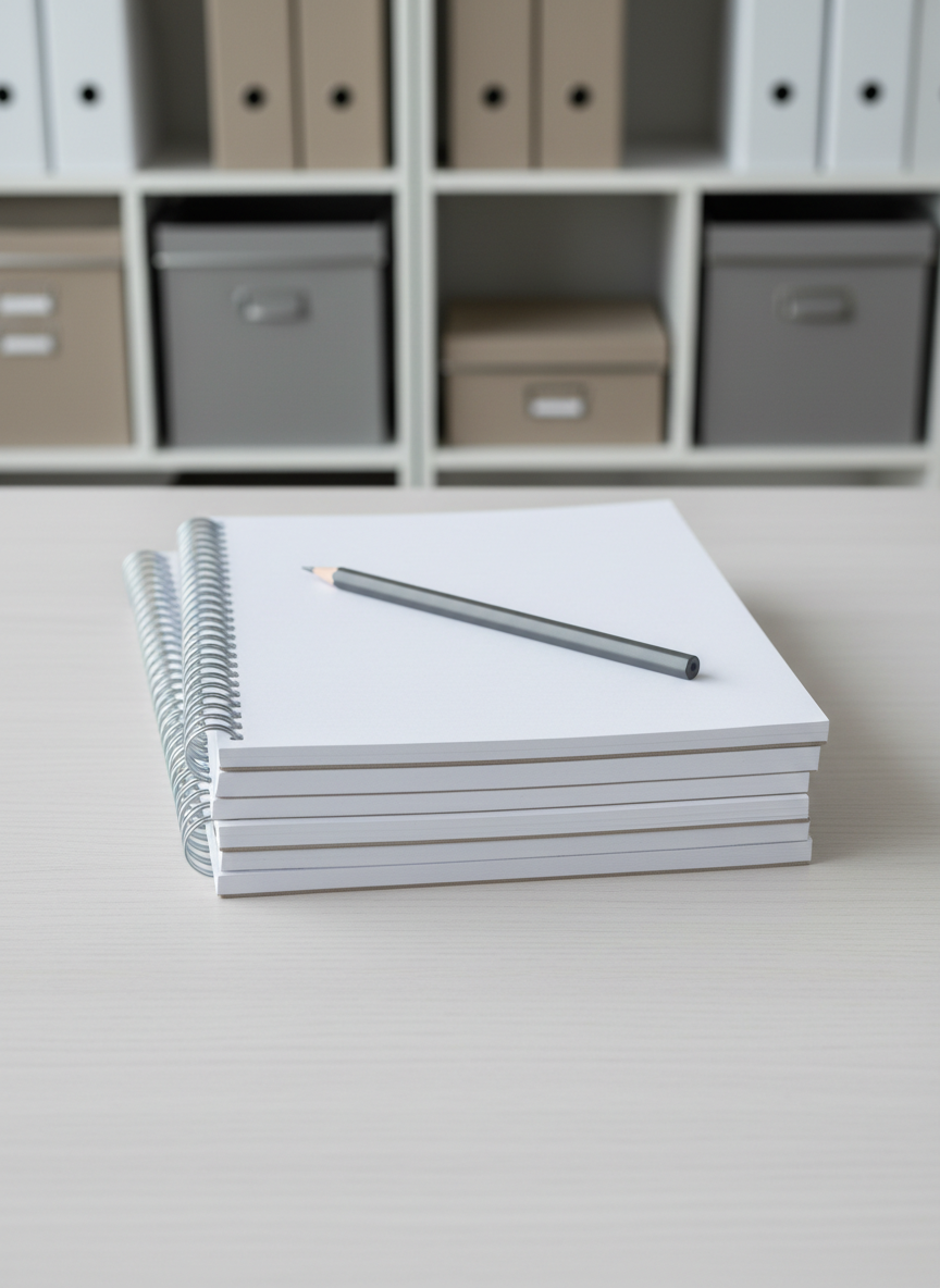 A sleek stack of spiral-bound notebooks with crisp white covers and silver metal bindings, neatly aligned atop a pale ash wood desk. The surface features subtle wood grain texture, and a matte-finish graphite mechanical pencil rests diagonally across the top notebook. In the background, there are blurred hints of geometric shelving with neutral file boxes. Soft, diffused daylight from an unseen window creates fine highlights along the notebook edges and casts gentle, balanced shadows. Captured from a slightly elevated angle with sharp focus on the foreground, the composition is organized and symmetrical, conveying a professional, clean, and structured mood. The style is photographic realism with a corporate, modern aesthetic, reinforcing the theme of polished student workspaces.
