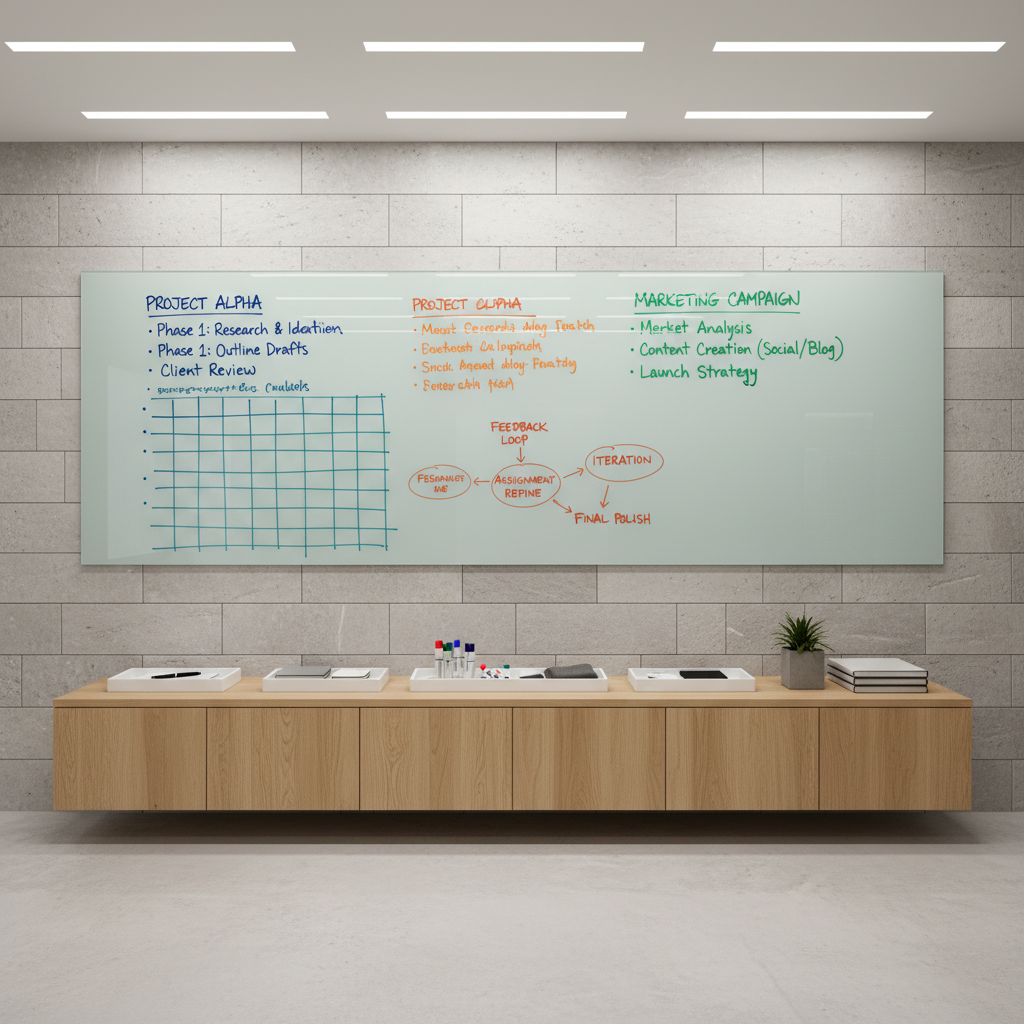 A minimalistic glass board mounted on a light stone wall, its surface covered with precisely written, color-coded assignment bullet points and elegant diagrams in dry-erase marker. Below the board sits a low, neutral-hued credenza holding organized trays of stationery. Overhead, discreet recessed LED lighting casts even illumination, creating soft, barely-there reflections on the board and subtle shadows on the wall beneath. Captured head-on with symmetrical framing and a deep depth of field to capture every detail, the composition feels open, structured, and purposeful. The mood is productive and polished, embodying the organized approach to refining assignments, with a photographic, clean-corporate style.